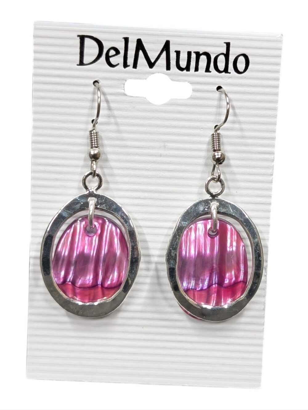 Iridescent Pink Shell Alpaca Metal Framed Oval Drop Earrings Handmade NWT